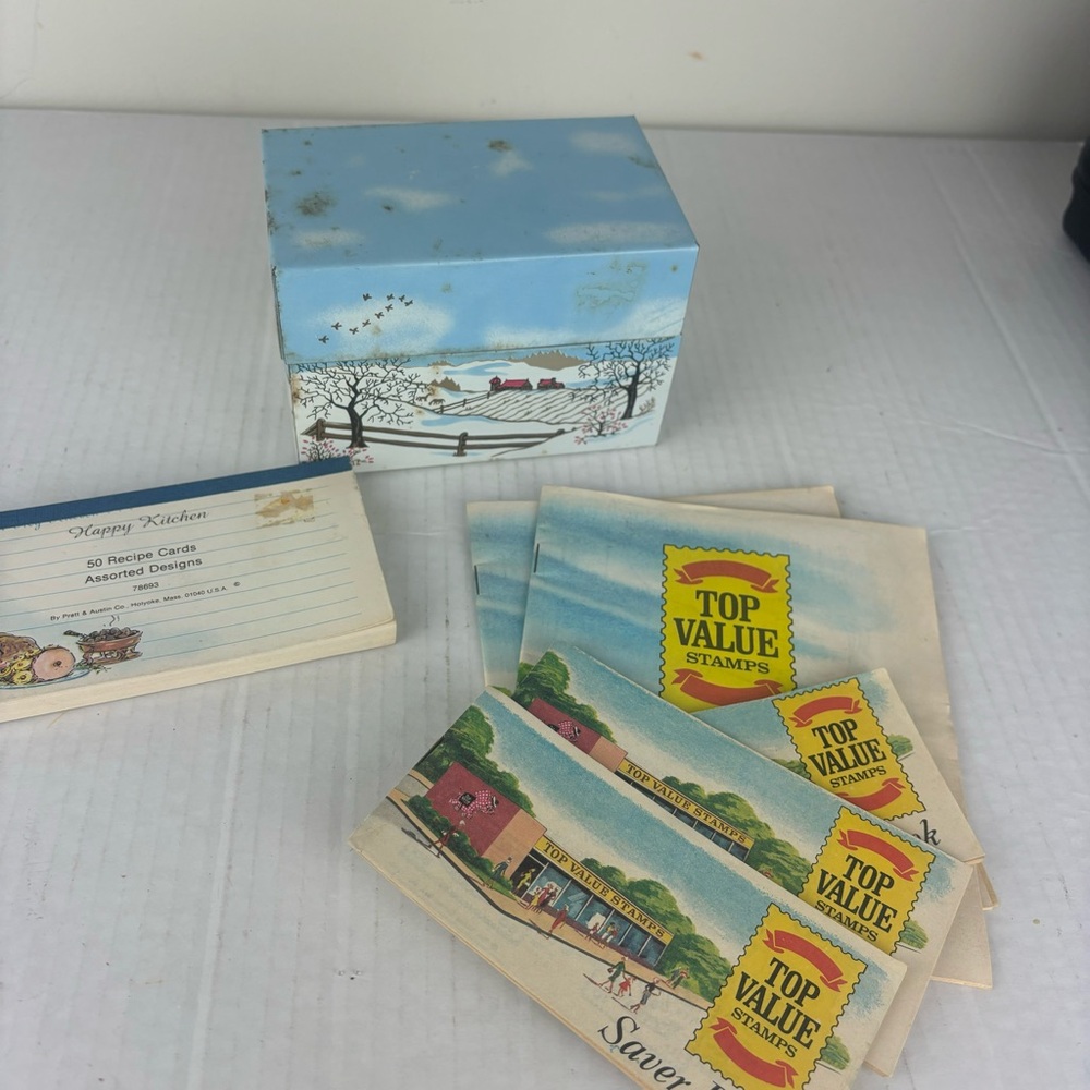 Vintage lot/Top Value stamp books/ metal winter scene metal box/VTG recipe cards